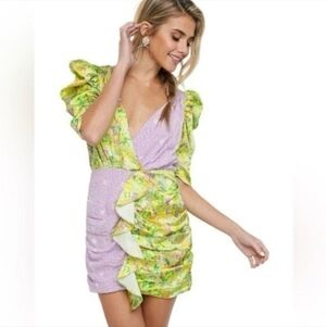 For Love And Lemons Dubois Mixed Print Ruched Mini Dress SZ Small